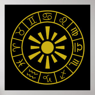 Astrologiska zodiaksymboler Wheel+Sol Guld Poster
