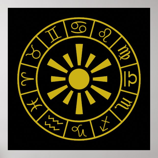 Astrologiska zodiaksymboler Wheel+Sol Guld Poster (Framsidan)
