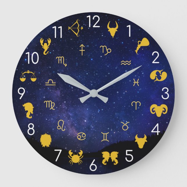 Astrology Zodiac Symbols Blue och Guld Celestial Stor Klocka (Framsida)