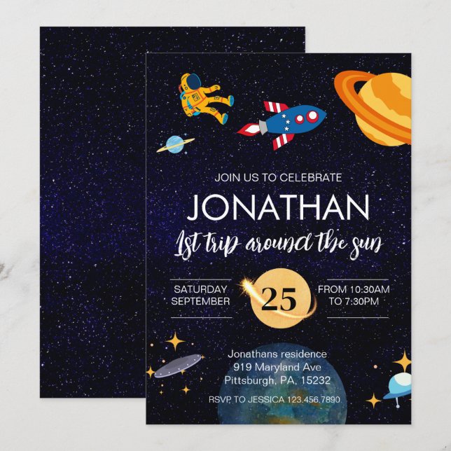 Astronaut 1:a födelsetypen party inbjudningar (Fram/baksida)