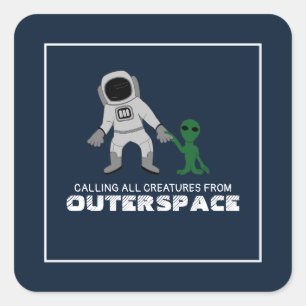 Astronaut & Alien, Outerspace Party Fyrkantigt Klistermärke