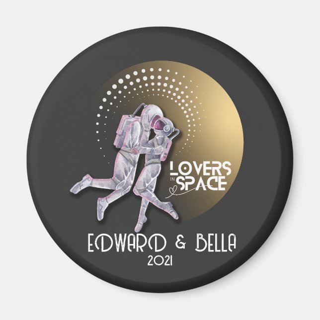 Astronaut Älskare Kissing in Space with Guld Plane Magnet (Framsidan)