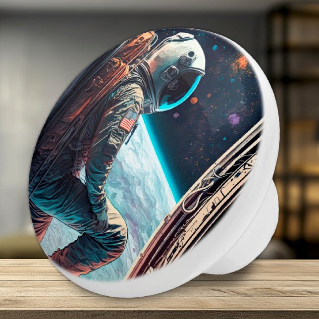 Astronaut Äventyr Knopp (Ceramic Knob - Artistic Rendering of Astronaut in Space - Accent for Kids Room)