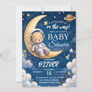 Astronaut Baby Shower Inbjudan Pojke Space Bear