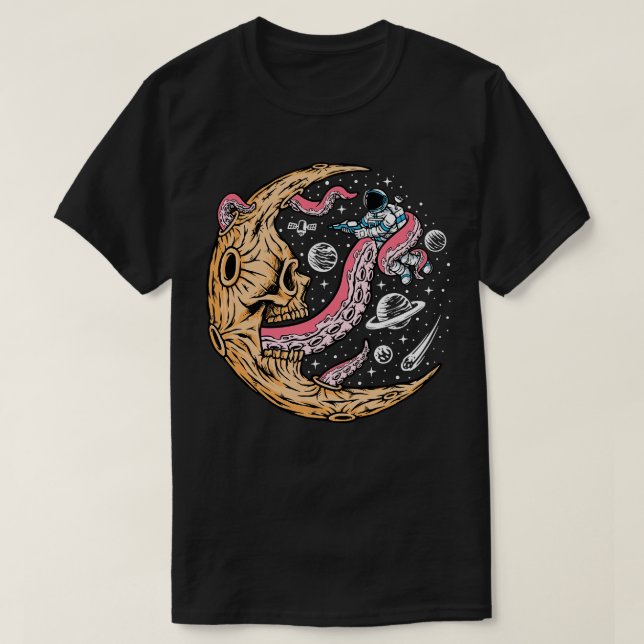 Astronaut Battling a Dead Crescent Måne med Tenta T Shirt (Design framsida)