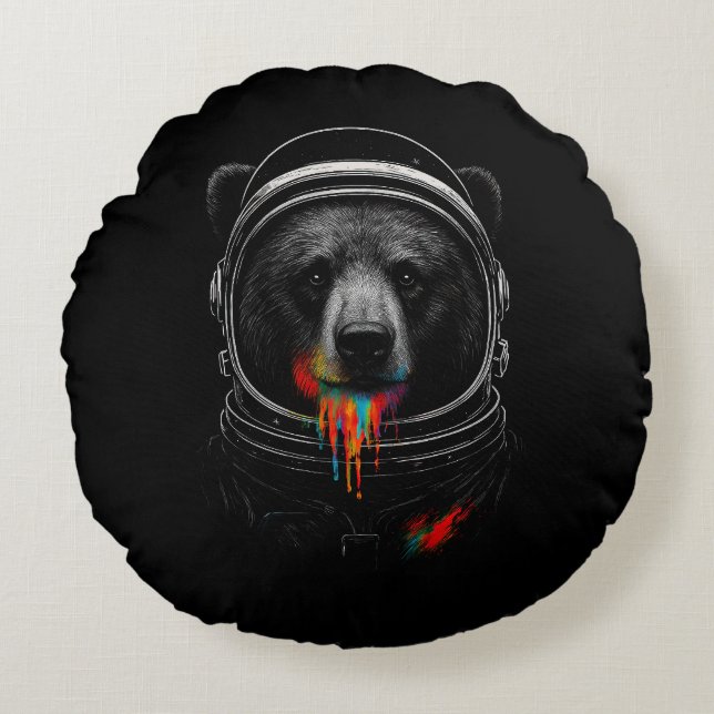 Astronaut Bear with Neon Paint Drips Cosmic Animal Rund Kudde (Framsidan)