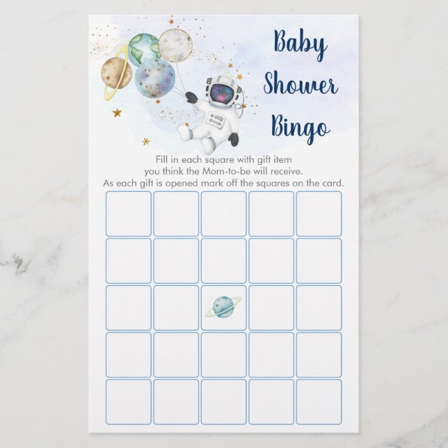 Astronaut Blue Guld Space Baby Shower Bingo Game (Framsida)