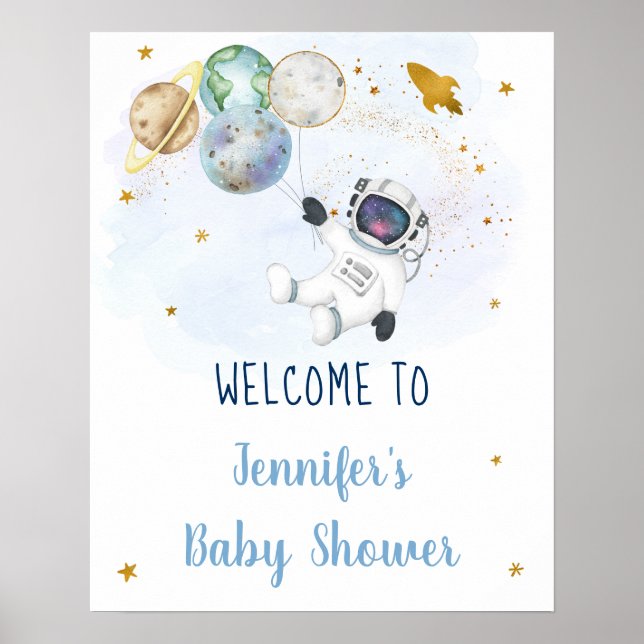 Astronaut Blue Guld Space Baby Shower Välkommen Poster (Framsidan)