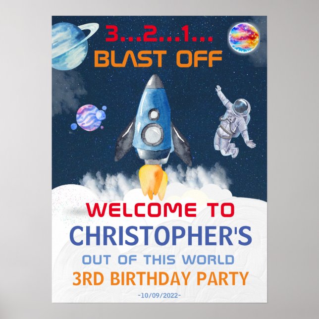 Astronaut Blue Space Birthday Välkommen Poster (Framsidan)