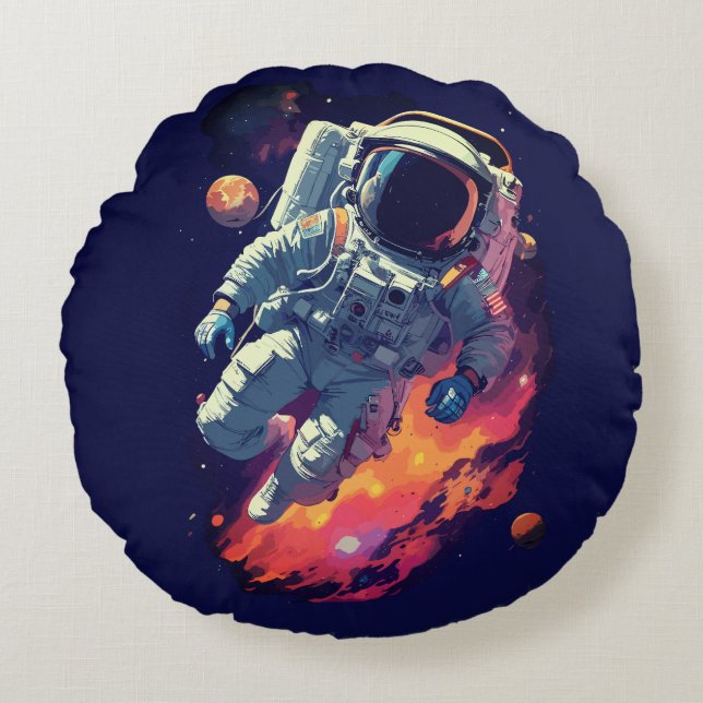 Astronaut Borttappad i Galaxy Background Rund Kudde (Framsidan)