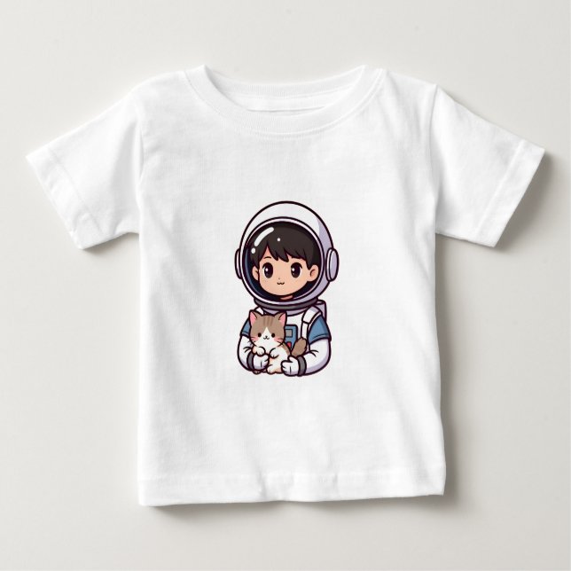 Astronaut Boy N' Cat Cute Cartoon Dreamer T Shirt (Framsida)