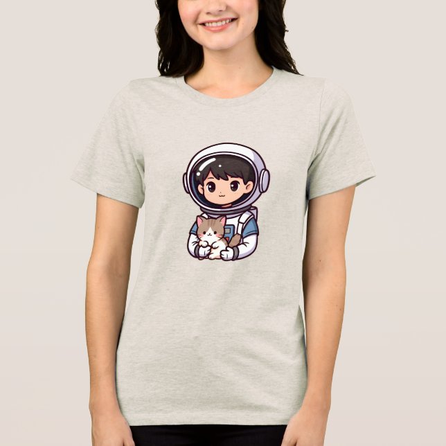 Astronaut Boy N' Cat Cute Cartoon Dreamer Womens T Shirt (Framsida)