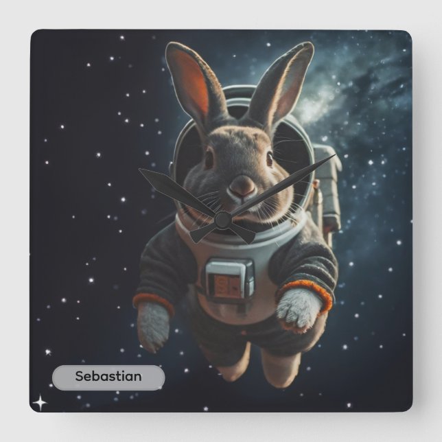 Astronaut Bunny Space Surreal Animal Custom Fyrkantig Klocka (Framsida)