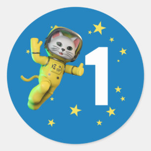 Astronaut Cat Birthday Classic Round Sticker Runt Klistermärke