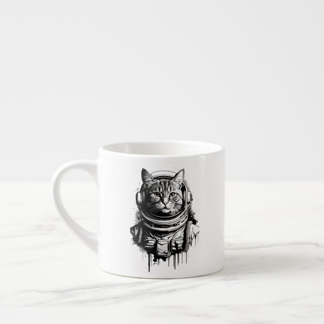Astronaut Cat Bläck Art Espressomugg (Vänster)