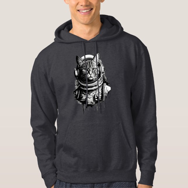 Astronaut Cat Bläck Art Hoodie (Framsida)