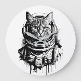 Astronaut Cat Bläck Art Stor Klocka