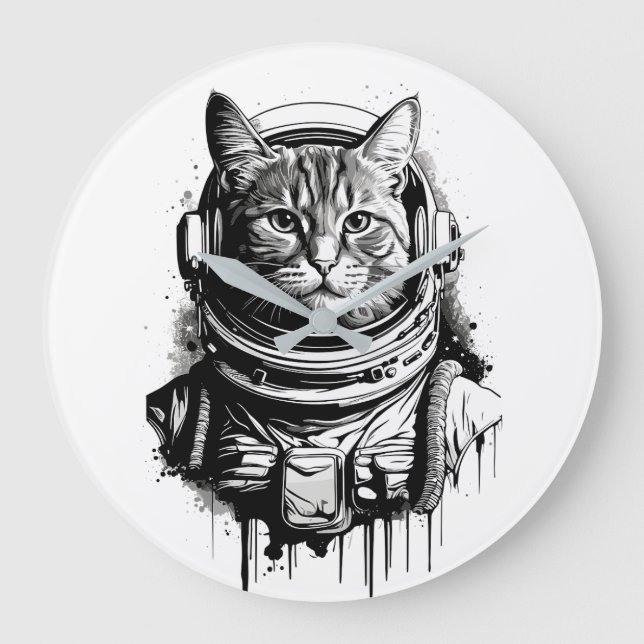 Astronaut Cat Bläck Art Stor Klocka (Framsida)