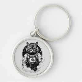Astronaut Cat in Space Design Rund Silverfärgad Nyckelring