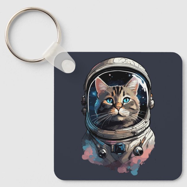 Astronaut Cat in Space Watercolor Art Nyckelring (Framsida)