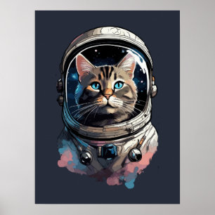 Astronaut Cat in Space Watercolor Art Poster