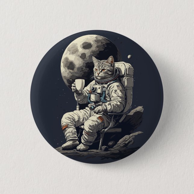 Astronaut Cat med Kopp i kaffe Knapp (Framsida)
