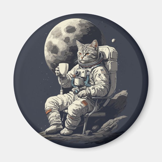 Astronaut Cat med Kopp i kaffe Magnet (Framsidan)