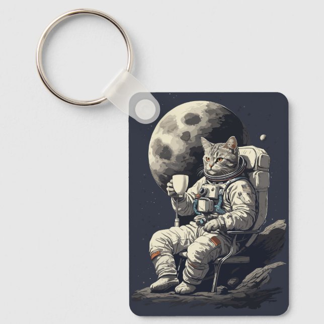 Astronaut Cat med Kopp i kaffe Nyckelring (Framsida)