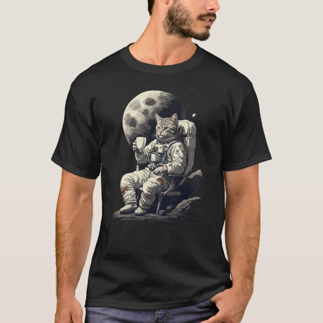Astronaut Cat med Kopp i kaffe T Shirt (Framsida)