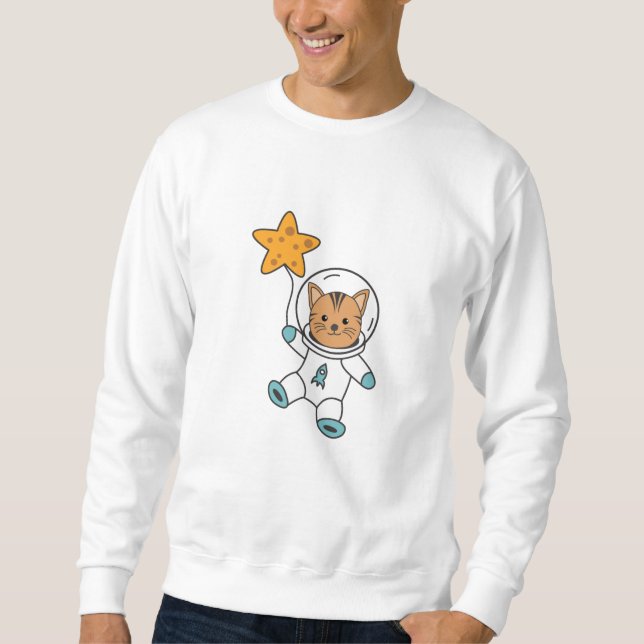 Astronaut Cat Planet Måne Star Space Lång Ärmad Tröja (Framsida)