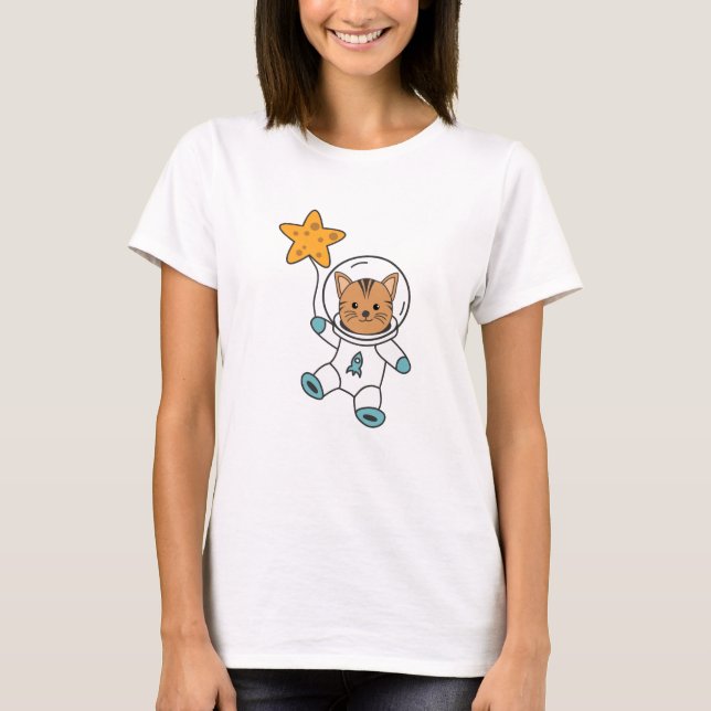 Astronaut Cat Planet Måne Star Space T Shirt (Framsida)
