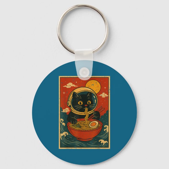 Astronaut Cat Ramen Japanese Graphic Tees Men Wome Nyckelring (Framsida)