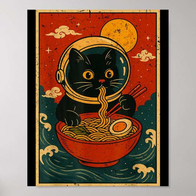 Astronaut Cat Ramen Japanese Graphic Tees Men Wome Poster (Framsidan)