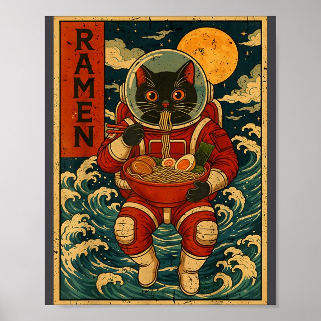 Astronaut Cat Ramen Japanese Graphic Tees Men Wome Poster (Framsidan)