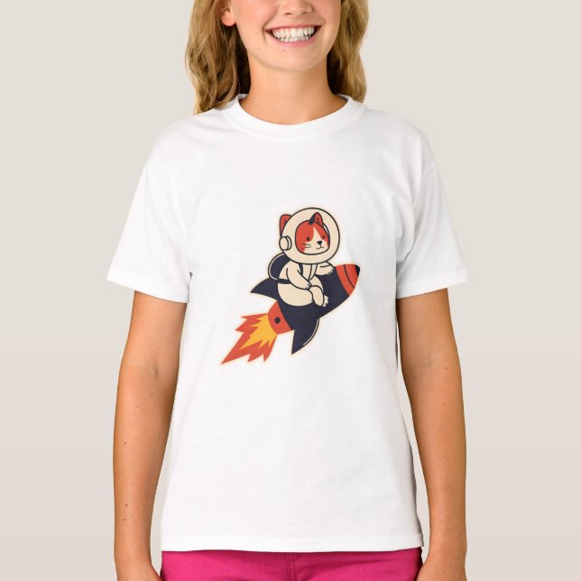 Astronaut Cat Riding Rocket - Cosmic Äventyr Des T Shirt (Framsida)