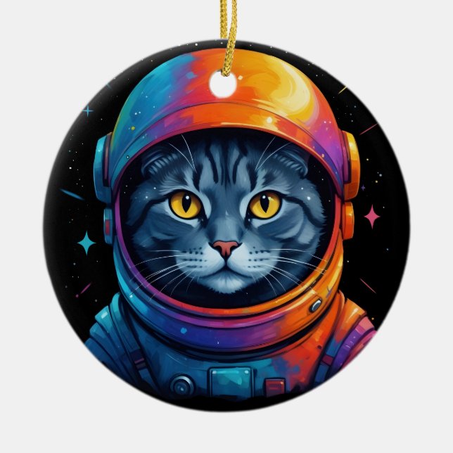 Astronaut Cat Space Funny Cat Lover Julgransprydnad Keramik (Framsidan)
