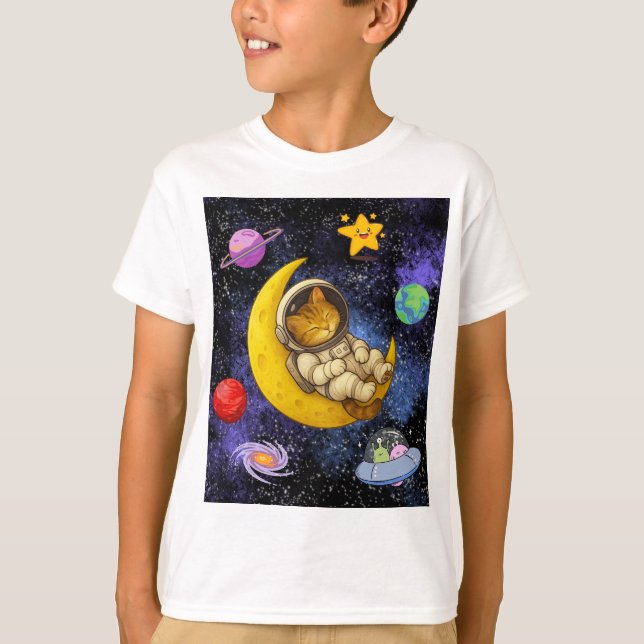Astronaut Cat Spipande vid Måne T Shirt (Framsida)