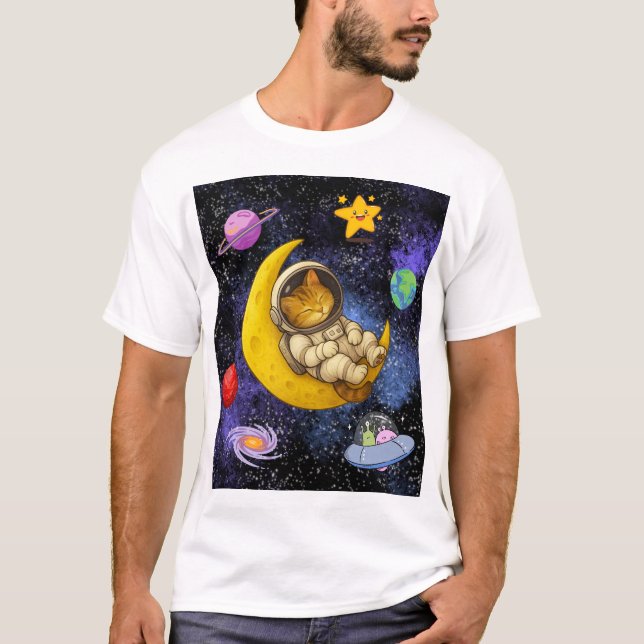 Astronaut Cat Spipande vid Måne T Shirt (Framsida)