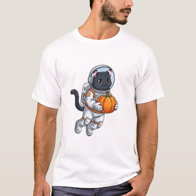Astronaut Cat with Pumpkin T Shirt (Framsida)