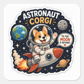 Astronaut Corgi – Till Månen & Bortom! Fyrkantigt Klistermärke