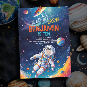 Astronaut Deep Space Rocket Planets Foto Birthday Inbjudningar