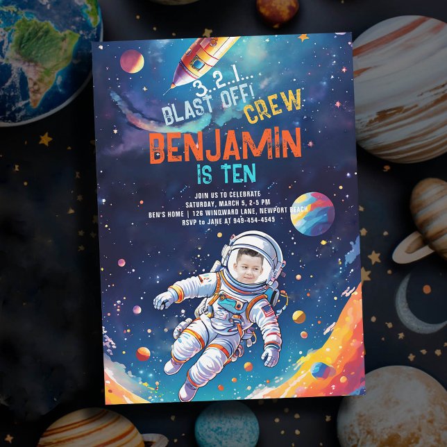 Astronaut Deep Space Rocket Planets Foto Birthday Inbjudningar (photo astronaut birthday party invitation boy deep space rocket planets stars watercolor unique)