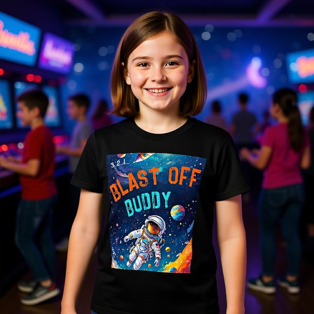 Astronaut Djup Rymd Planeter Blastrar Kompis Presa T Shirt (astronaut theme birthday party for kids personalized shirt planets galaxy sky blast off buddy favor)