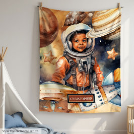 Astronaut Dreams Blanket Black Boy Watercolor Spac Fleecefilt
