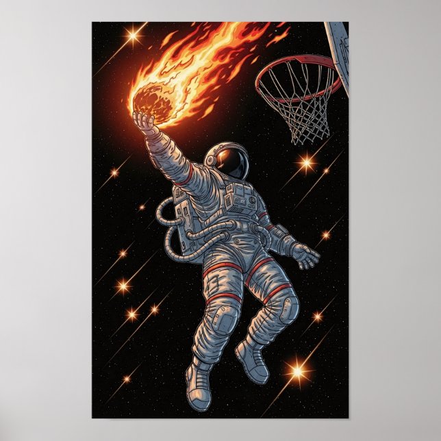 Astronaut Dunking Fiery Basketball Dynamic Space Poster (Framsidan)