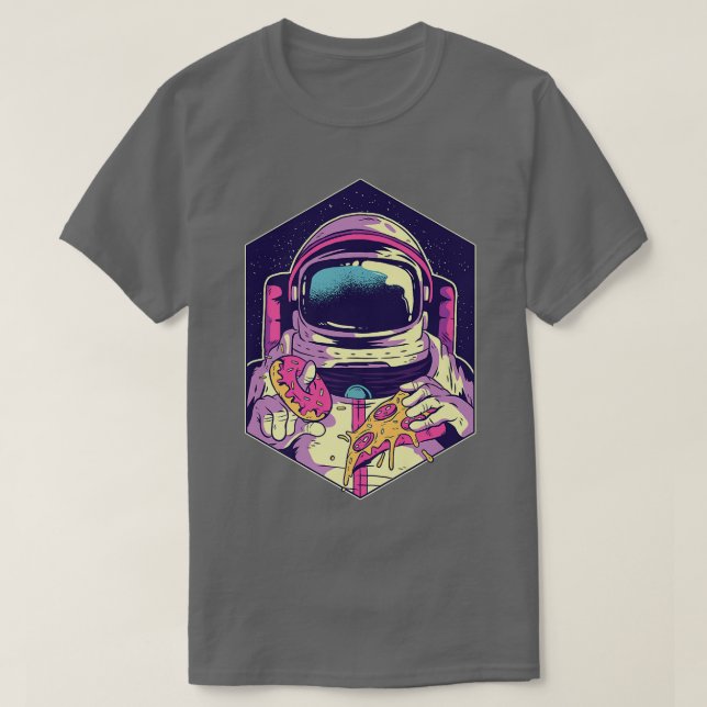 Astronaut Eating Donut och Pizza Space Walking T Shirt (Design framsida)