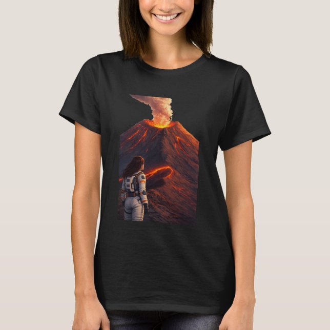 Astronaut Facing Erupting Volcano  T Shirt (Framsida)