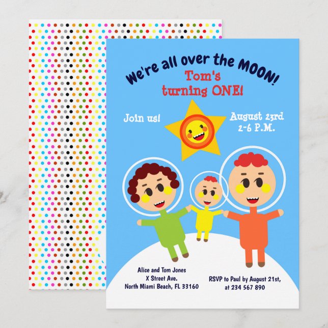 Astronaut-festinbjudan för första födelsedagen i p inbjudningar (Fram/baksida)