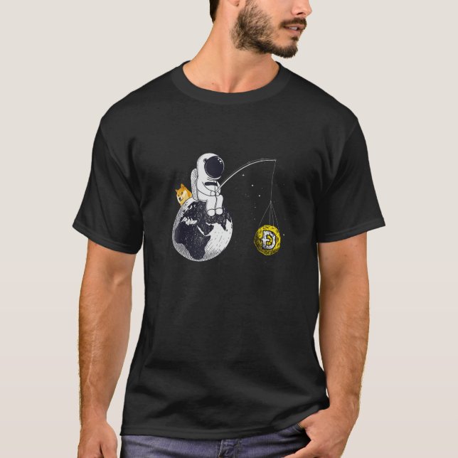 Astronaut Fishing Dogecoin Crypto Currency Måne Ho T Shirt (Framsida)