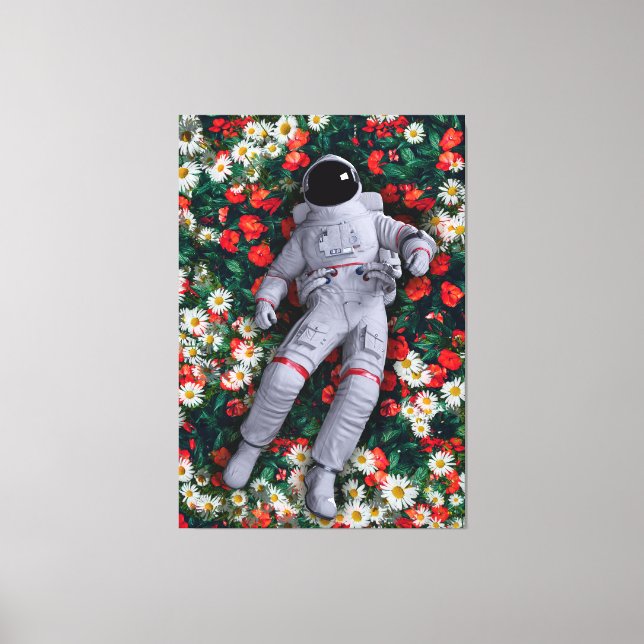 Astronaut Floating in Flowers Surreal Nature Art Canvastryck (Framsida)